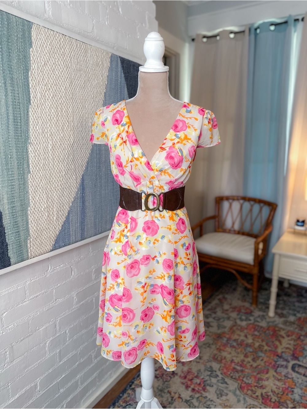 Betsey Johnson Yellow and Pink Floral Midi Dress
